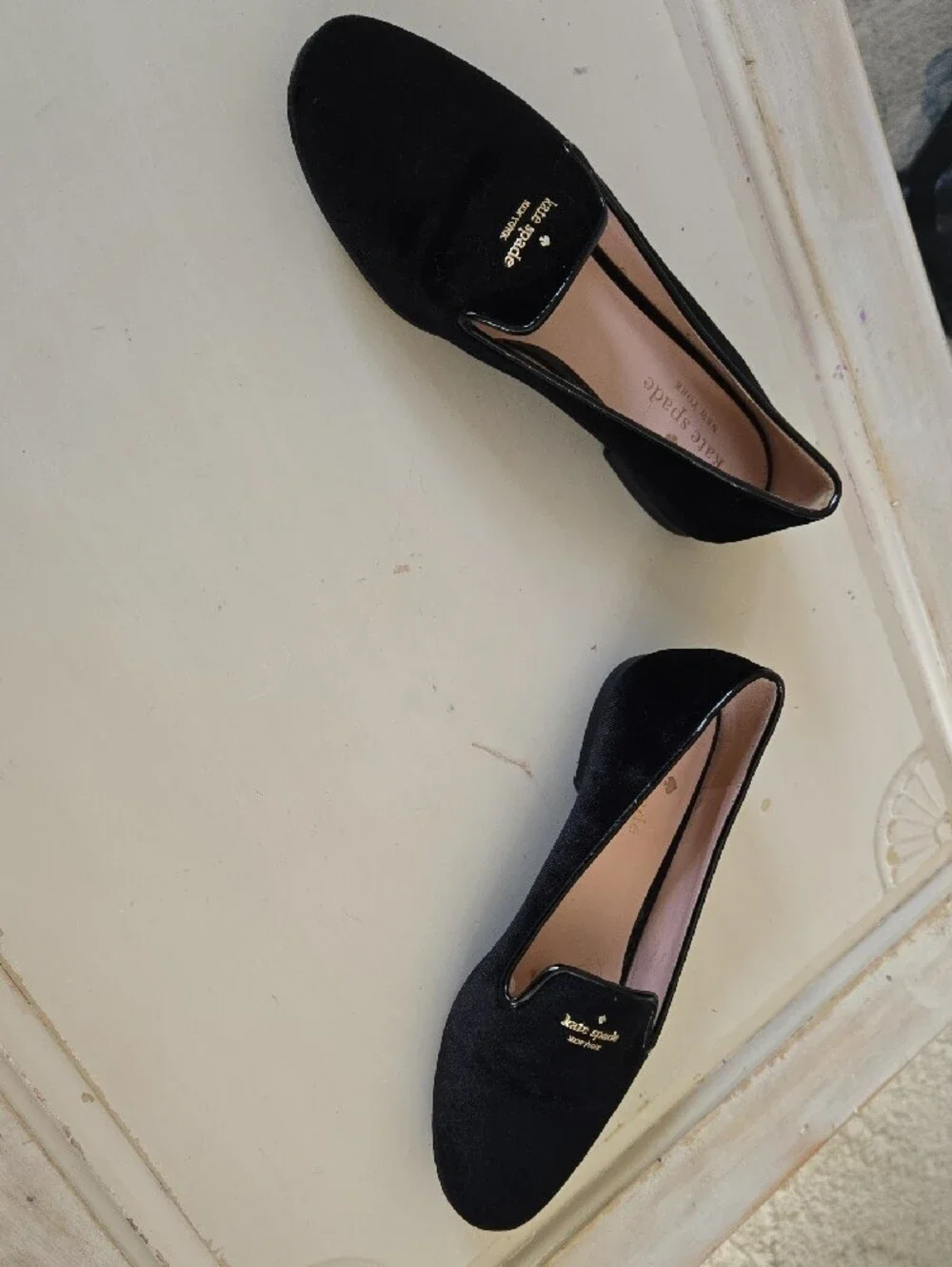 kate spade Black Velvet Loafers with Gold Logo